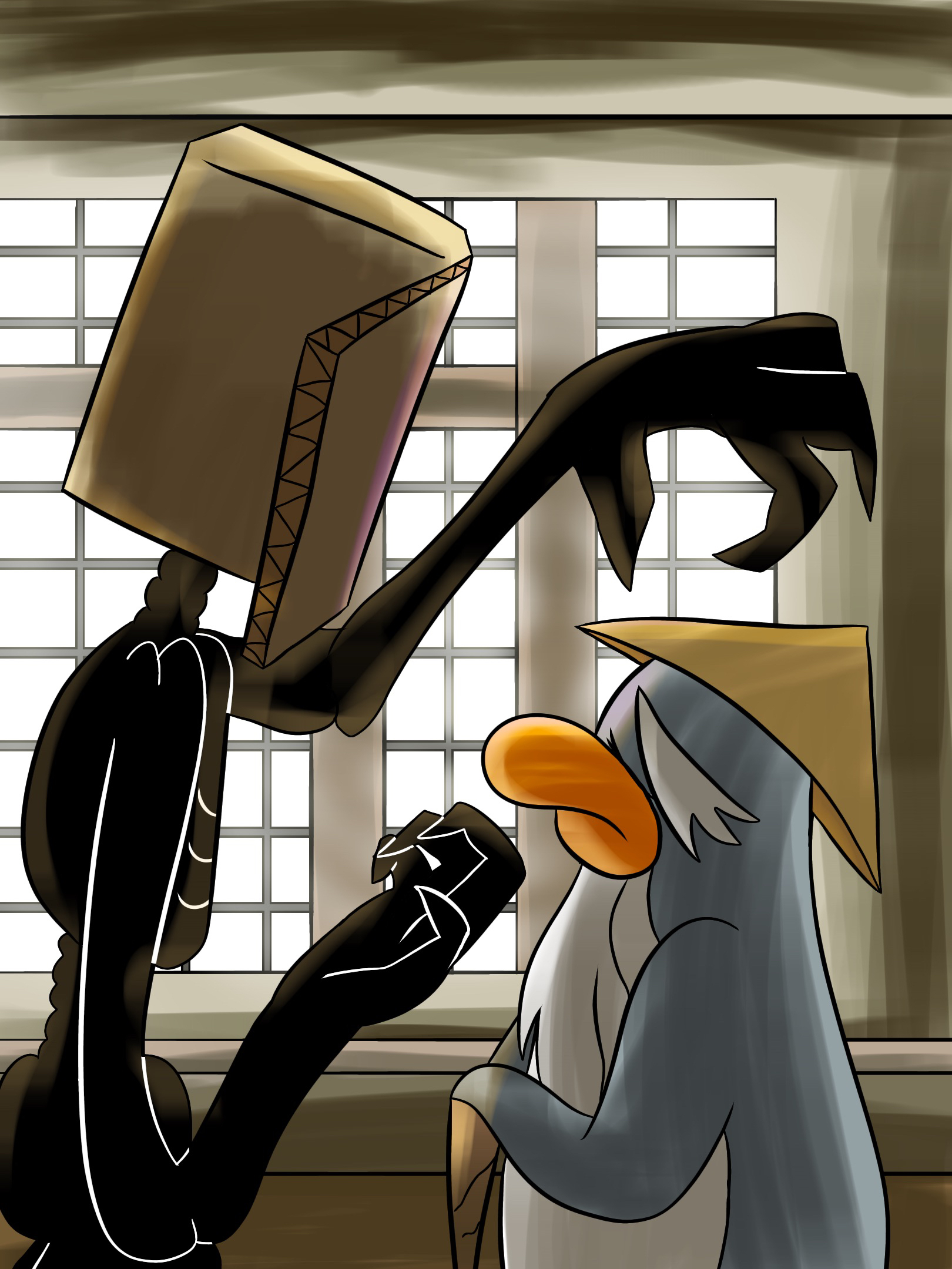 An art piece of Box Spirit(Outdated OC design) and Sensei from Club Penguin