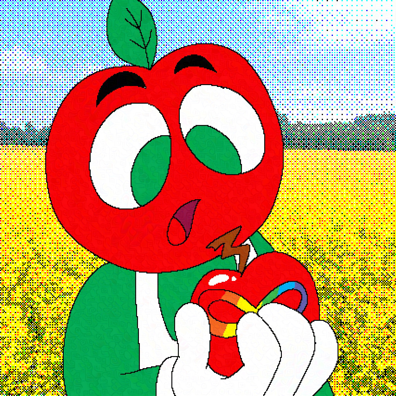 Andy the Apple with an apple that has the infinite rainbow symbol.