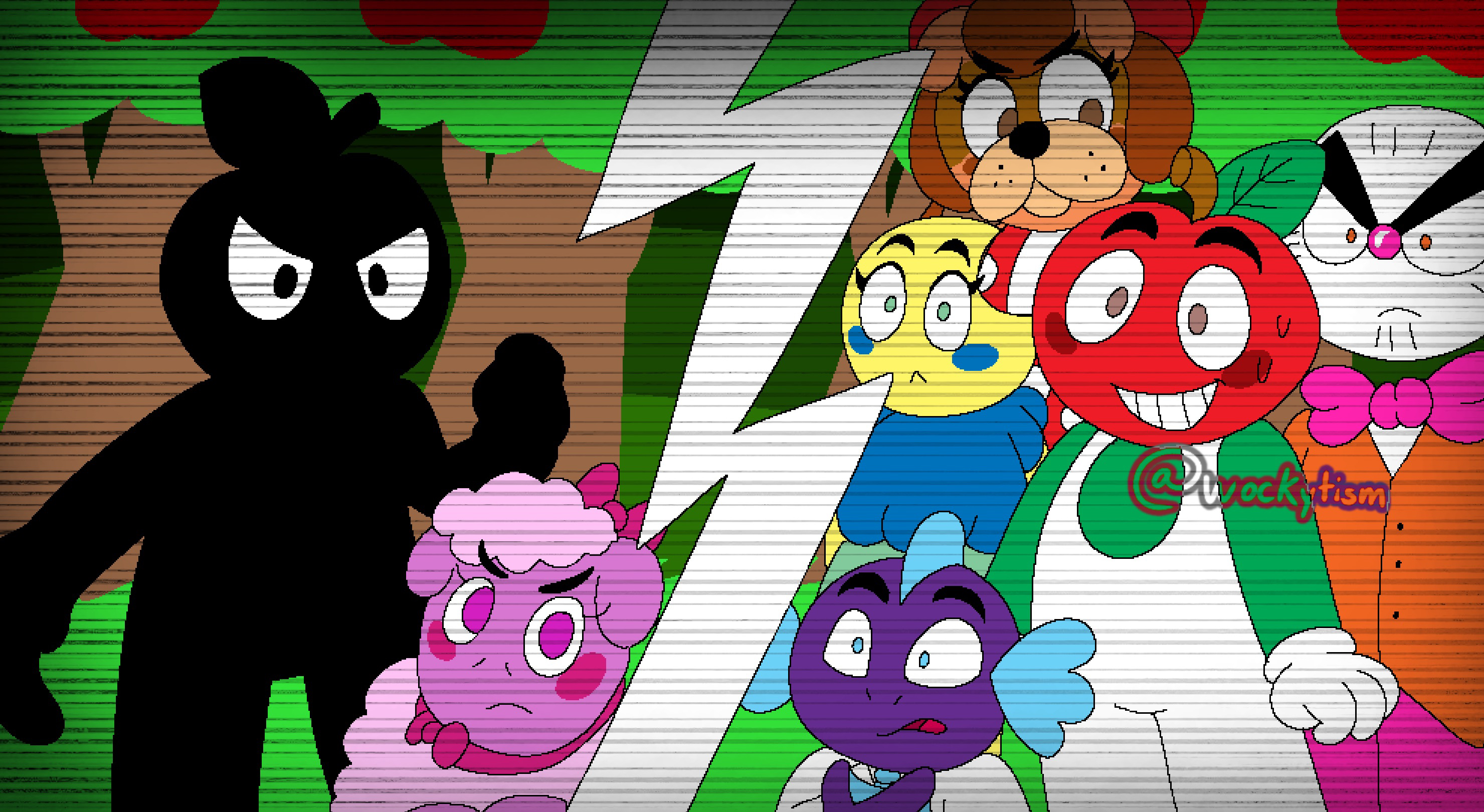 A row of characters from Andy's Apple Farm, including an OC of my own.
